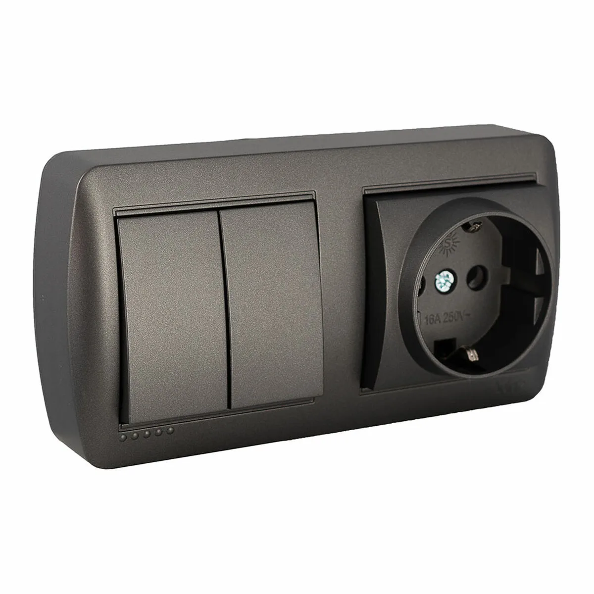 BASE DOBLE ENCHUFE + INTERRUPTOR SOLERA MURAL 2P+T 250 V 16 A GRAFITO