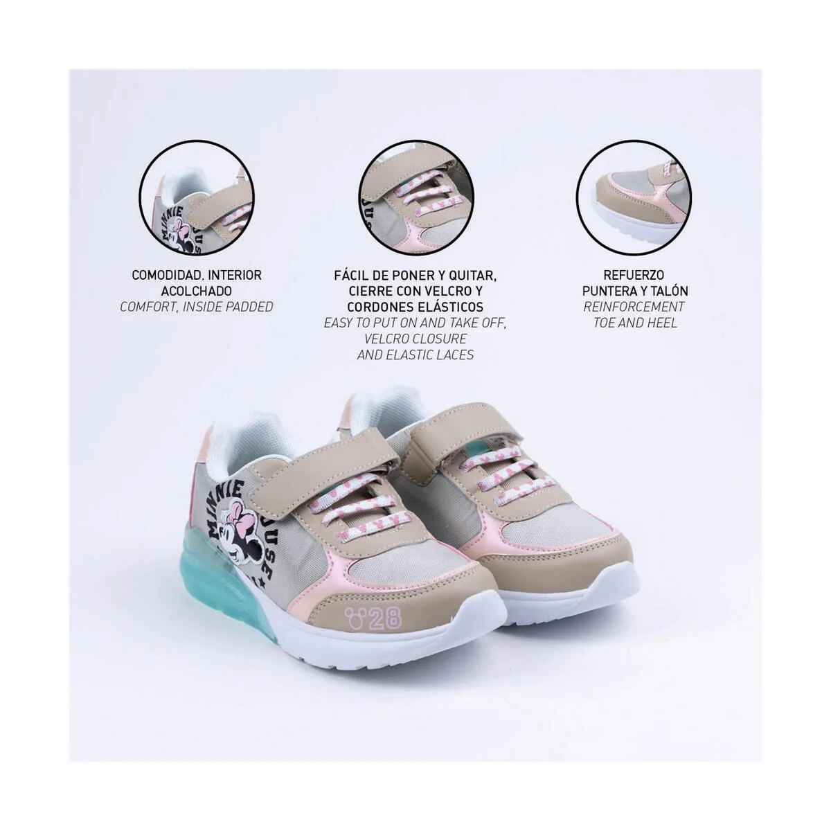 ZAPATILLAS DEPORTIVAS CON LED MINNIE MOUSE BEIGE