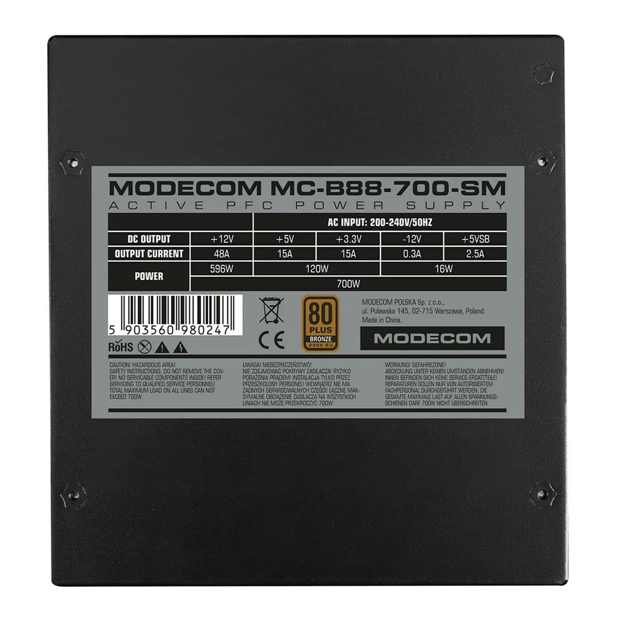 FUENTE DE ALIMENTACIÓN MODECOM ZAS-MC-B88-700-ATX-SM ATX 700 W 80 PLUS BRONZE