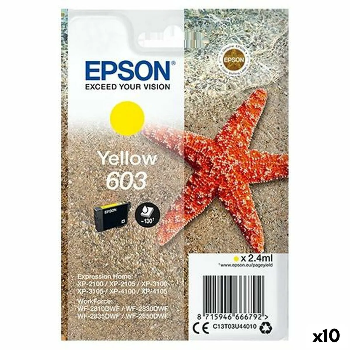 CARTUCHO DE TINTA ORIGINAL EPSON XP-2100, 3100, 4100 / WF-2830DWF, 2850DW - Nº 603 AMARILLO (10 UNIDADES)
