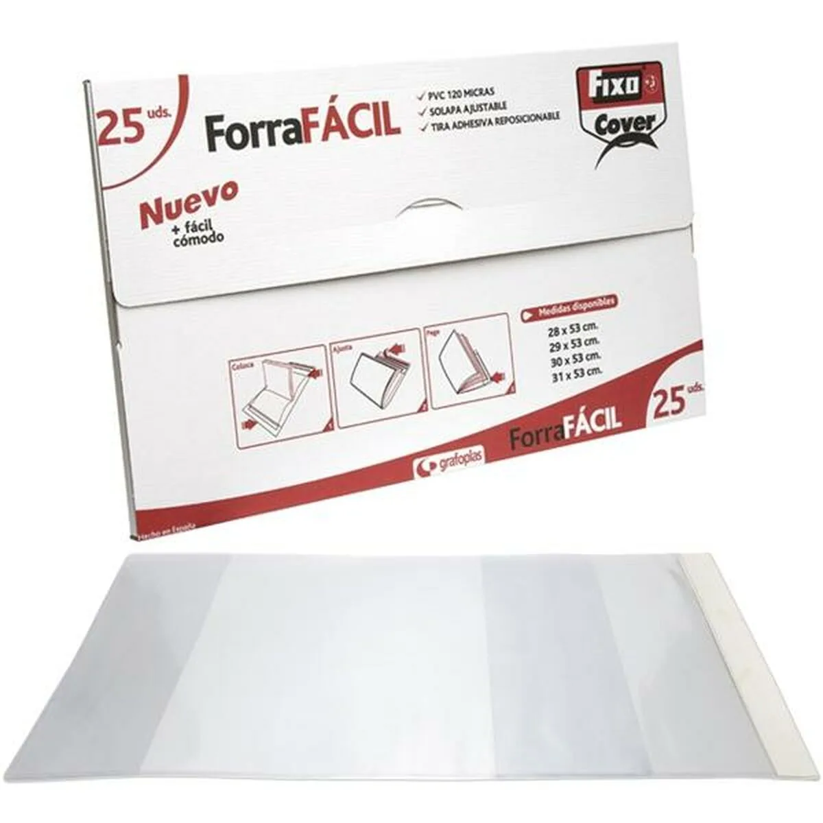 FORRO ADHESIVO PARA LIBROS GRAFOPLAS AJUSTABLE SOLAPA TRANSPARENTE PVC 25 PIEZAS 28 X 53 CM
