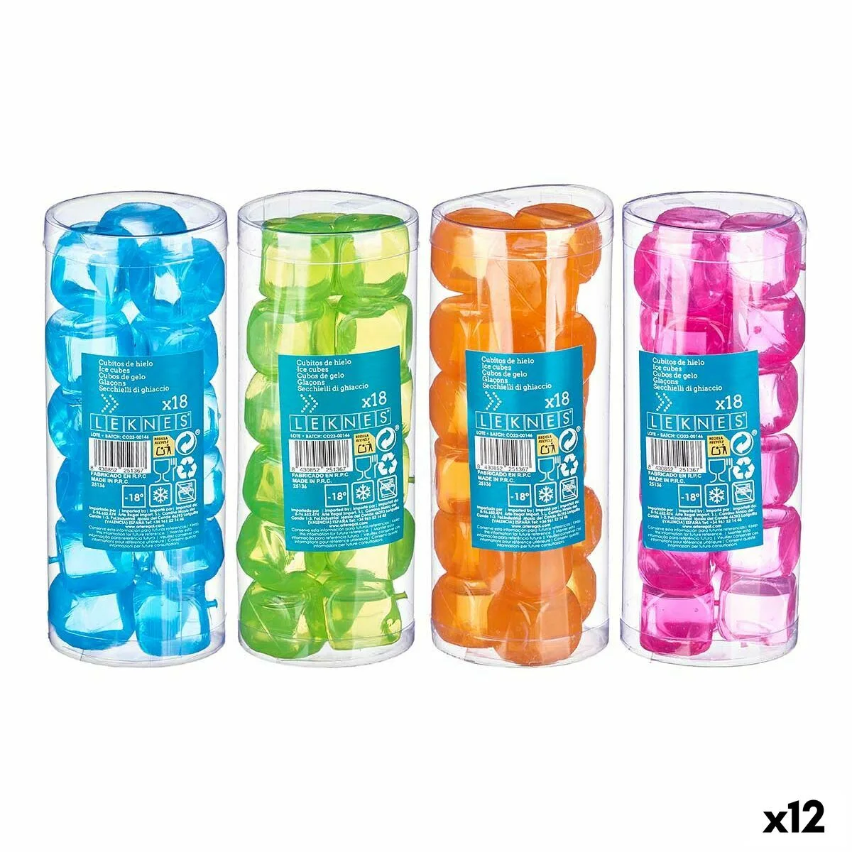 CUBITOS REFRIGERANTES REUTILIZABLES LEKNES TK22008 AZUL VERDE NARANJA ROSA POLIETILENO AGUA DESTILADA 6,5 X 16 X 6,5 CM 18 PIEZA