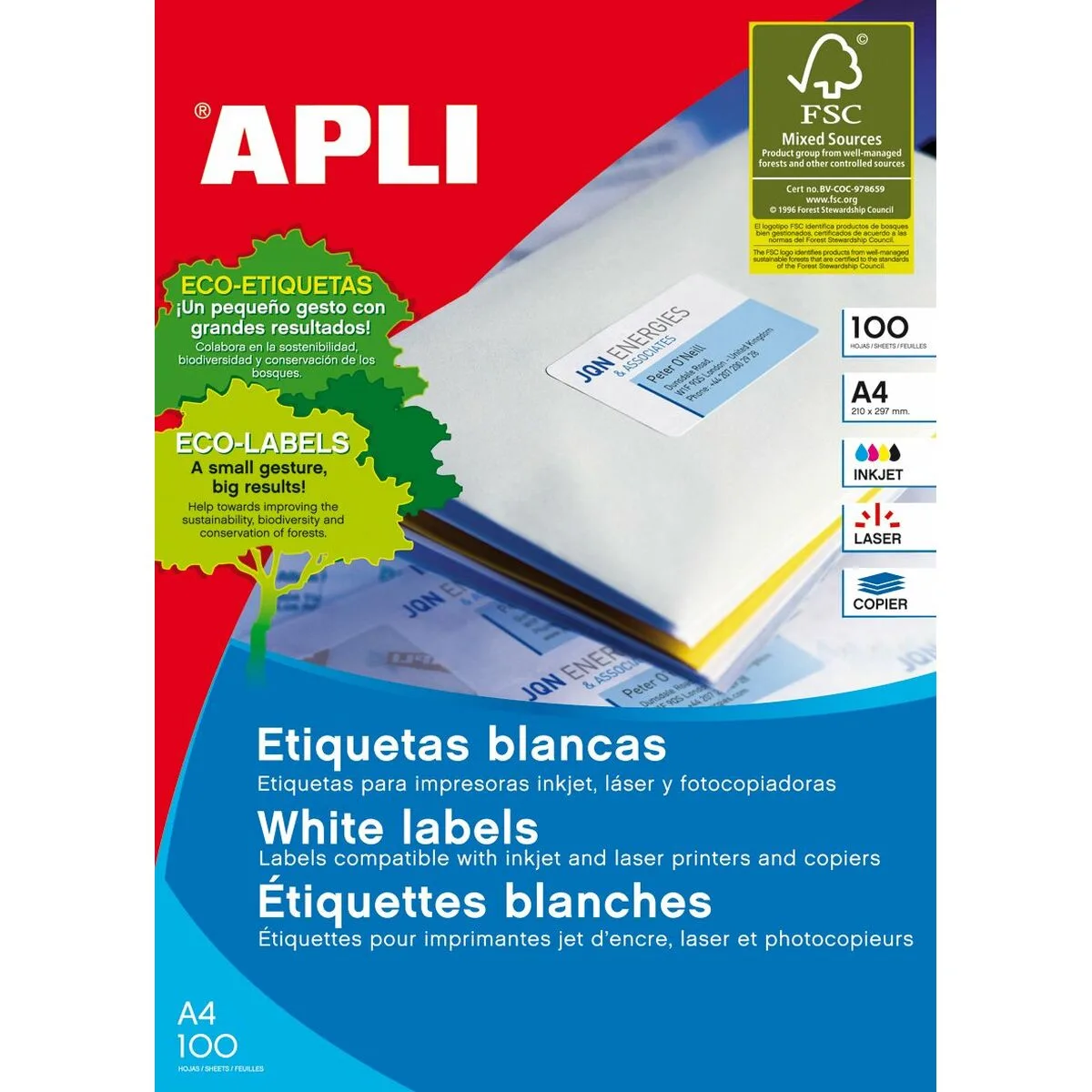 ETIQUETAS ADHESIVAS APLI 01287 BLANCO 100 HOJAS 105 X 35 MM