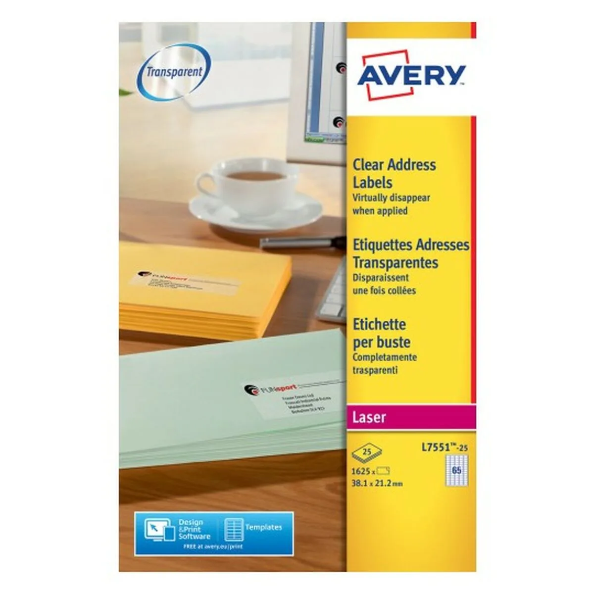 ETIQUETAS ADHESIVAS AVERY TRANSPARENTE 210 X 297 MM 38,1 X 21,2 MM