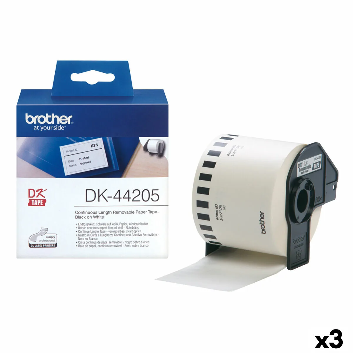ETIQUETAS PARA IMPRESORA BROTHER DK-44205 62 MM X 30,48 M NEGRO/BLANCO (3 UNIDADES)