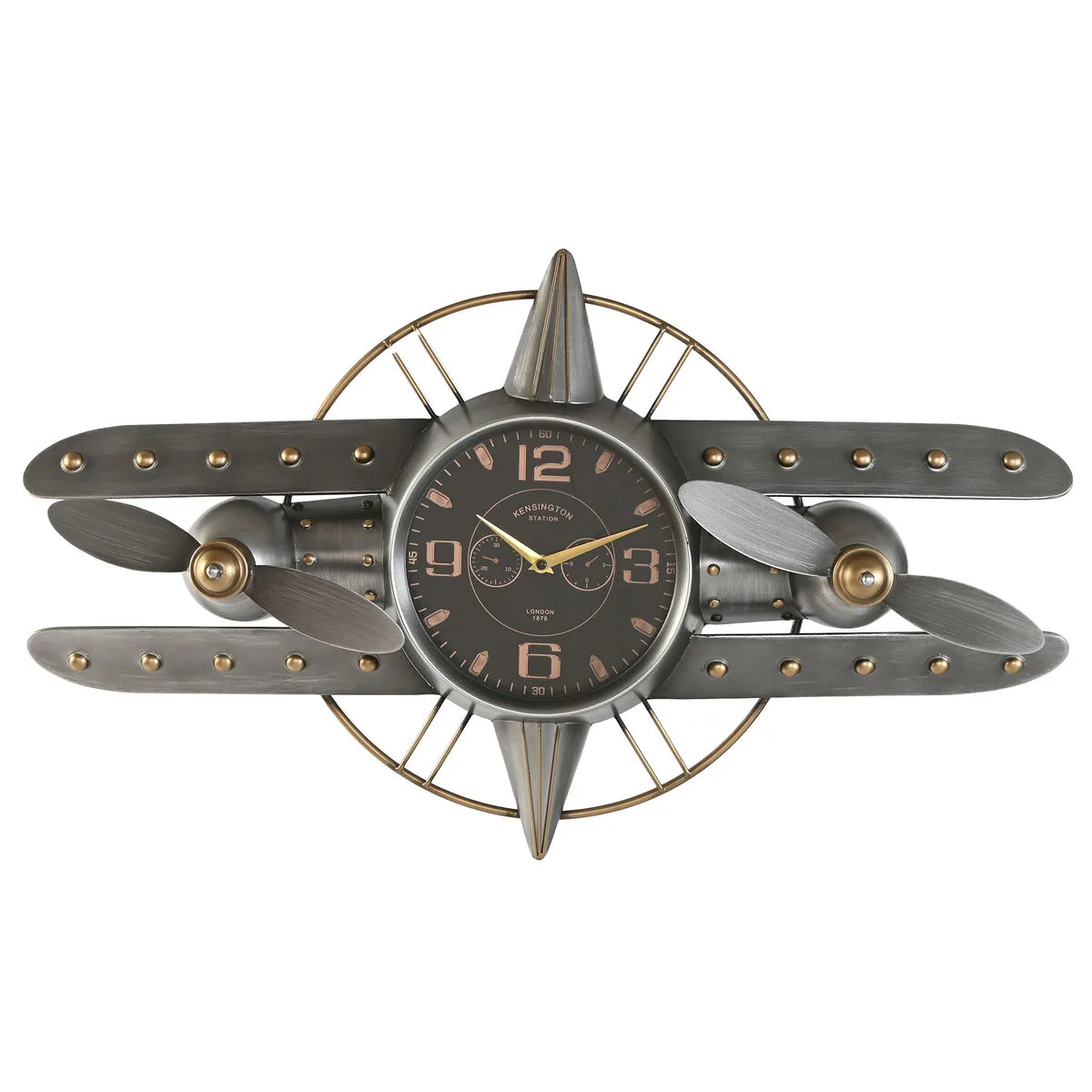 RELOJ DE PARED HOME ESPRIT DORADO PLATEADO METAL AVIÓN VINTAGE 77,5 X 15 X 46 CM