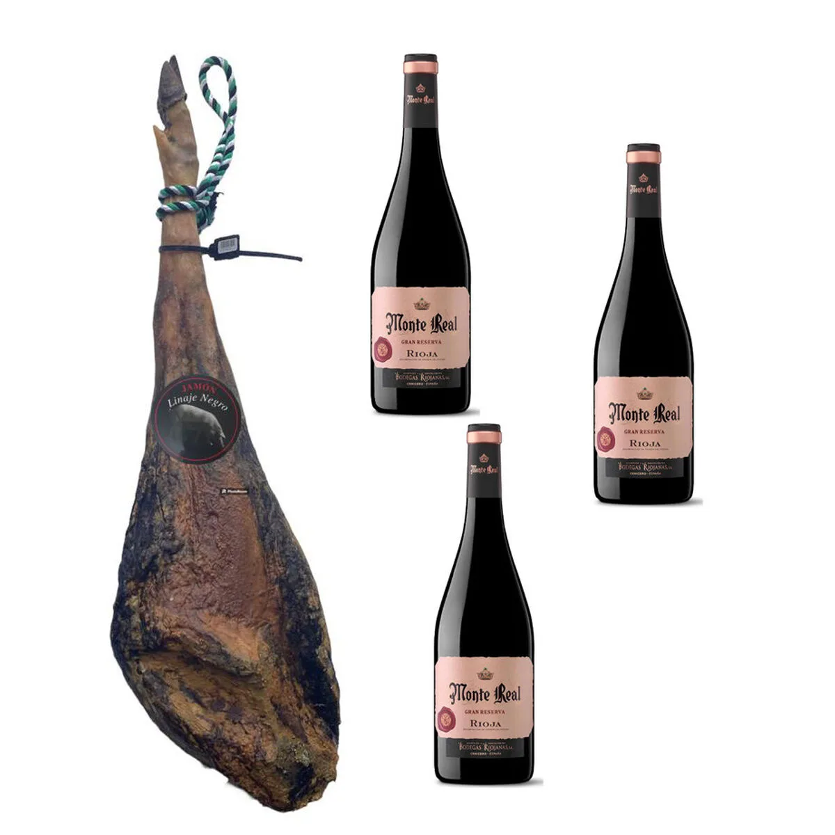 JAMÓN IBÉRICO DE BELLOTA LINAJE NEGRO 9 KG BOTELLA DE VINO TINTO 750 ML X 3 MONTE REAL