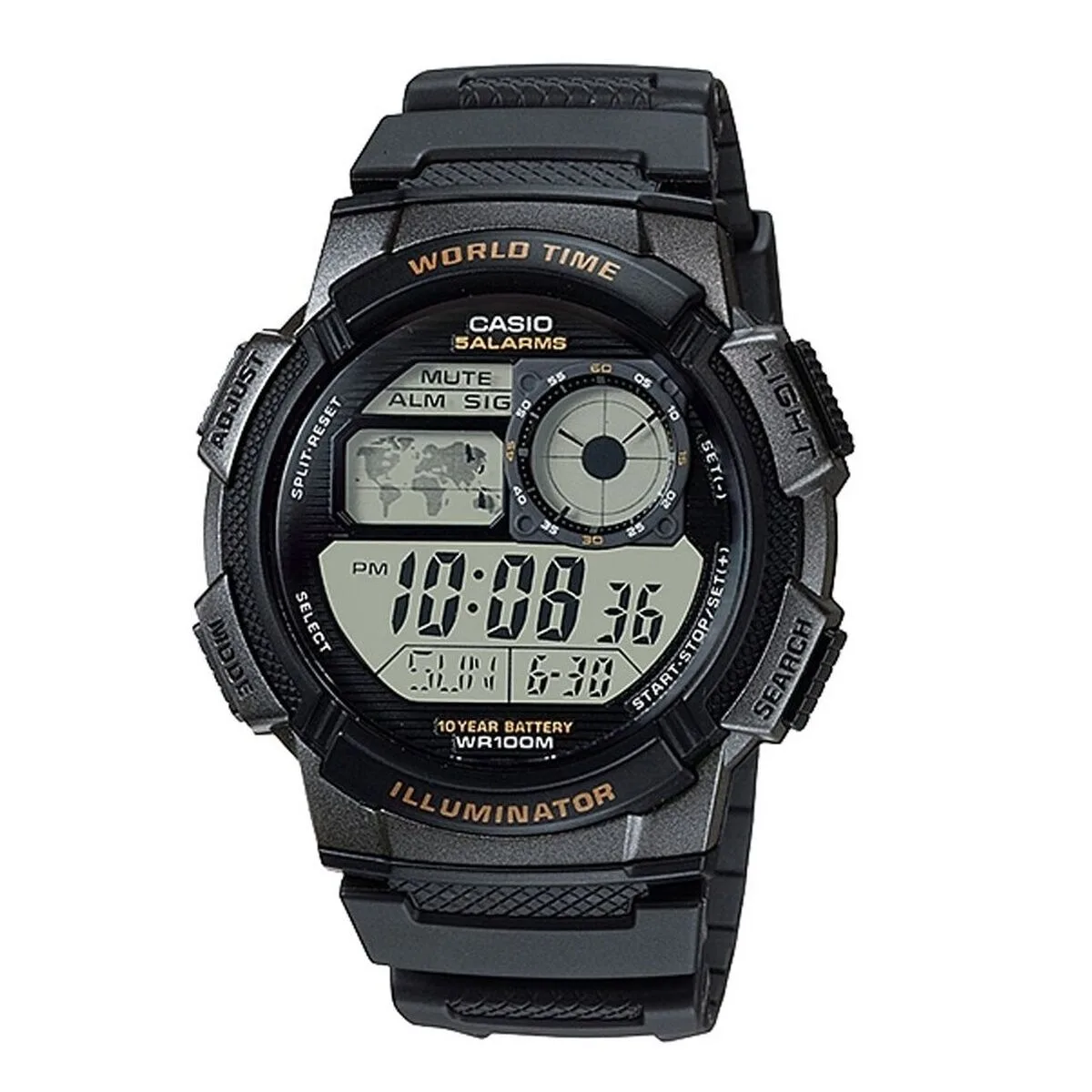 RELOJ UNISEX CASIO WORLD TIME ILLUMINATOR - 5 ALARMS. 10 YEAR BATTERY NEGRO GRIS (Ø 48 MM)