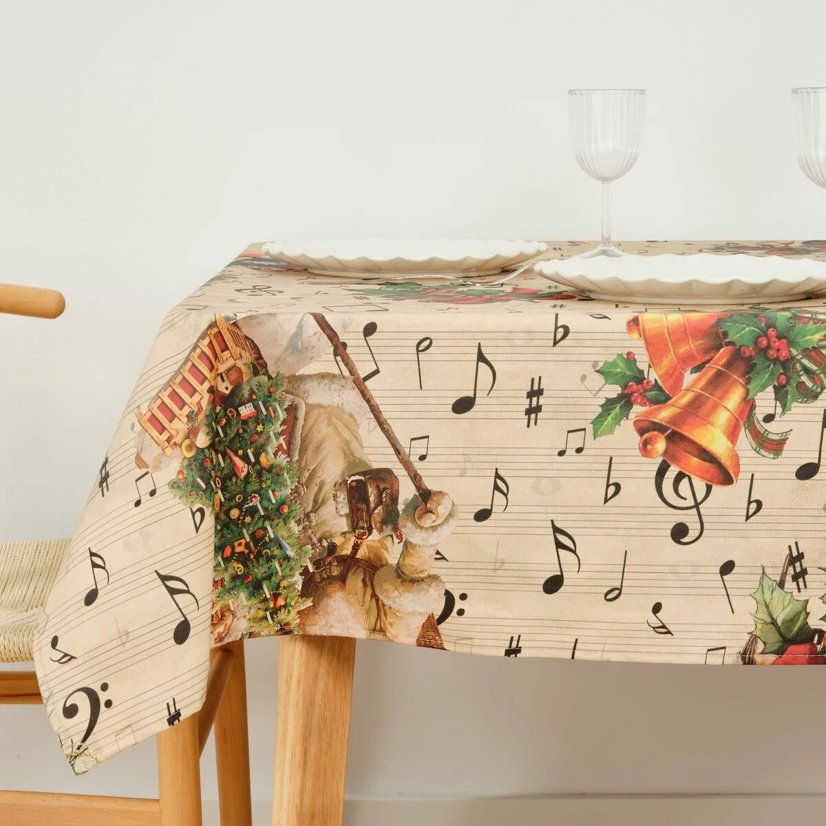 MANTEL RESINADO ANTIMANCHAS BELUM CHRISTMAS SHEET MUSIC NEGRO ROJO VERDE LINO 300 X 150 CM