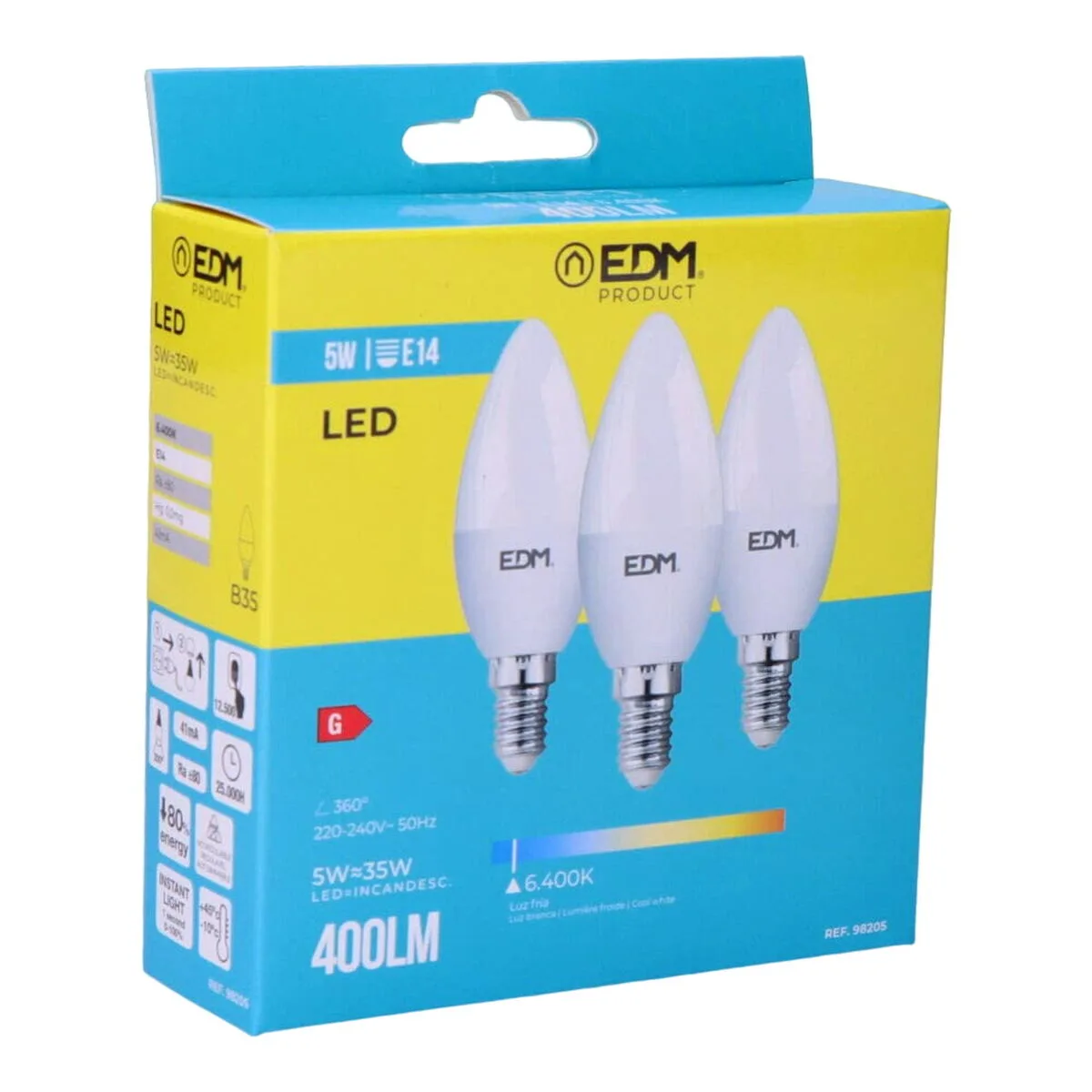 PACK DE 3 BOMBILLAS LED EDM 98205 G 35 W 5 W 50 W E14 400 LM Ø 3,6 X 10 CM (6400 K)