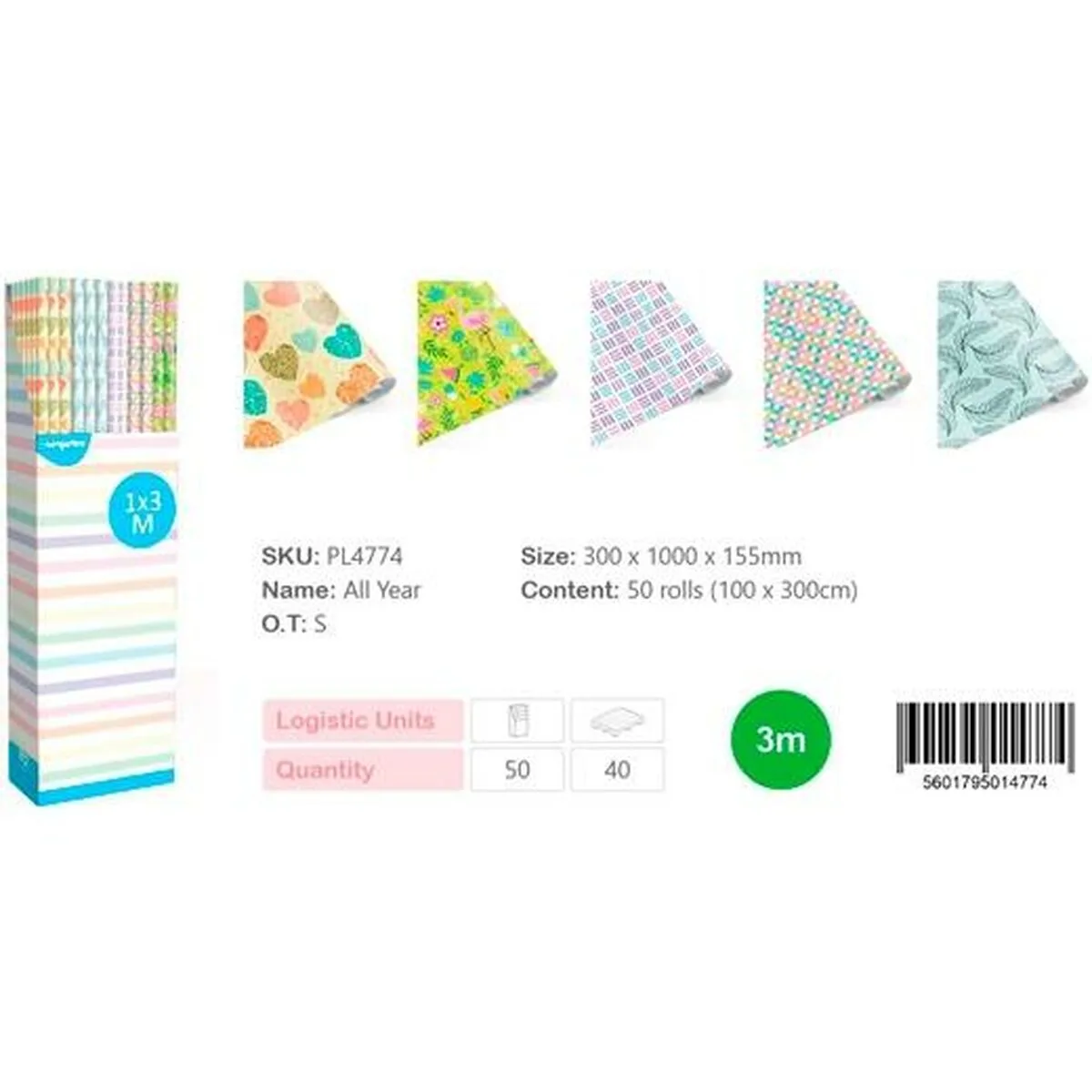 PAPEL DE REGALO EUROPRICE MULTICOLOR ROLLO 1 X 3 M (50 UNIDADES)
