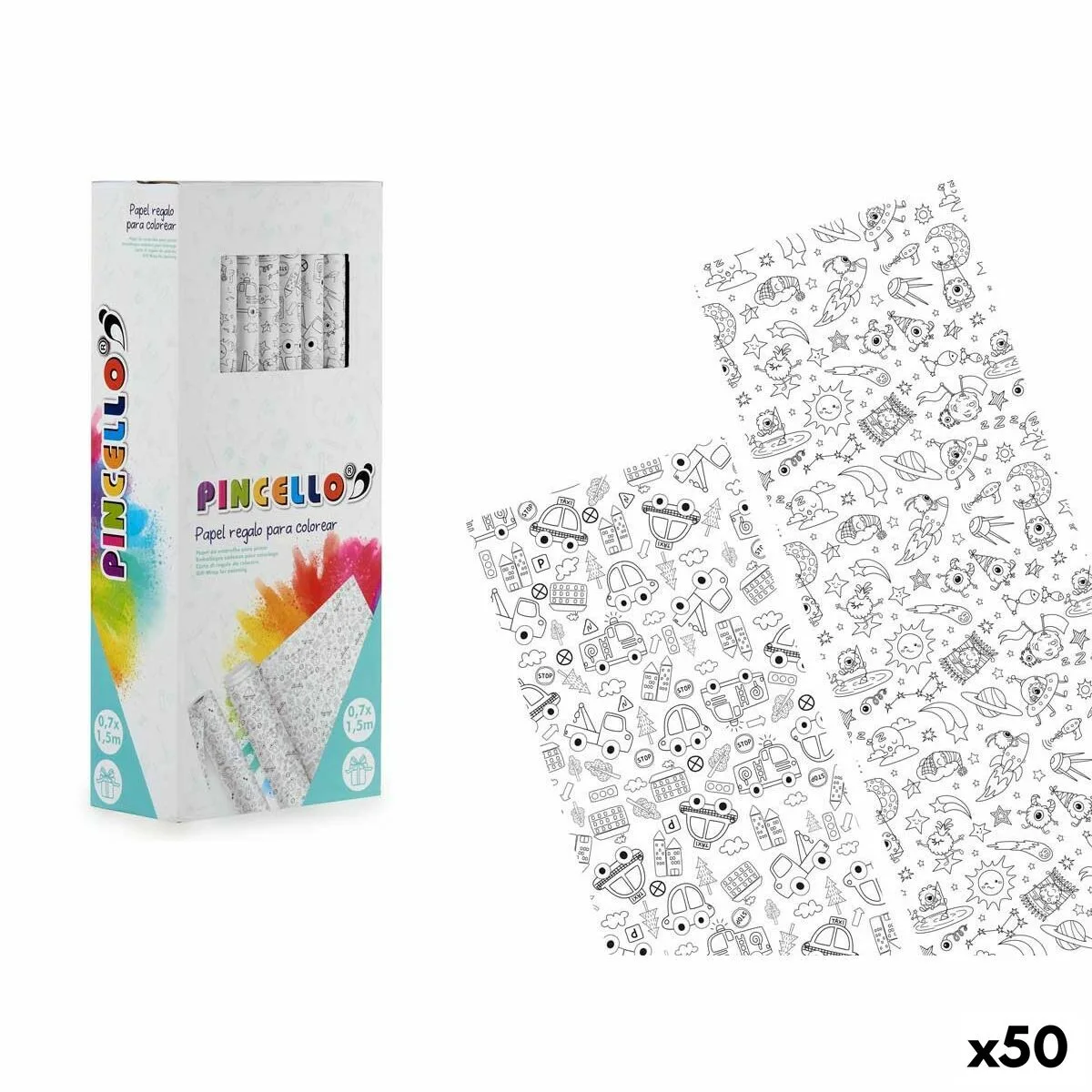 PAPEL DE REGALO PINCELLO 80GR - COLOREAR 0,7 X 1,5 M VEHÍCULOS EXTRATERRESTRE (50 UNIDADES)