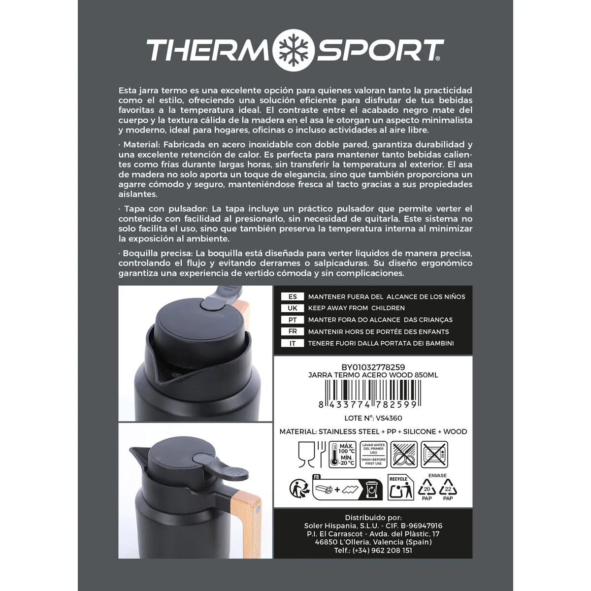 JARRA TERMO THERMOSPORT NEGRO 850 ML (4 UNIDADES)