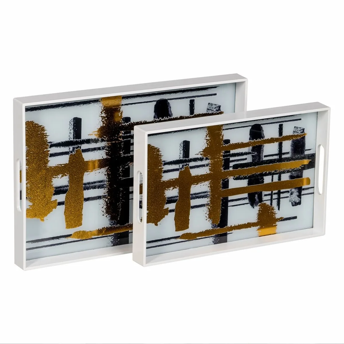 BANDEJA DE APERITIVOS BLANCO NEGRO DORADO PVC CRISTAL ABSTRACTO 45 X 31 X 4,2 CM (2 UNIDADES)