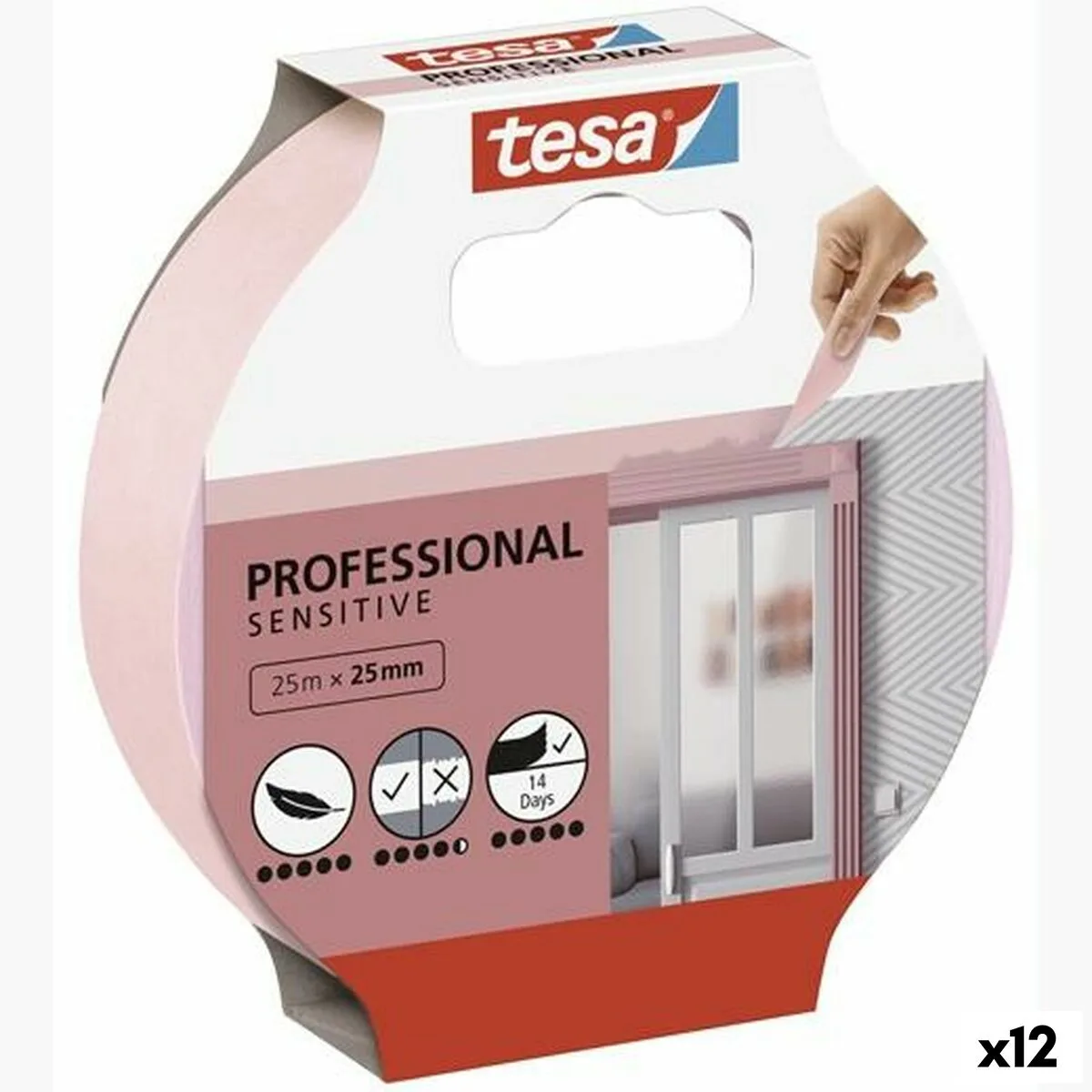 CINTA ADHESIVA TESA PROFESSIONAL SENSITIVE PINTOR ROSA 12 UNIDADES 25 MM X 50 M