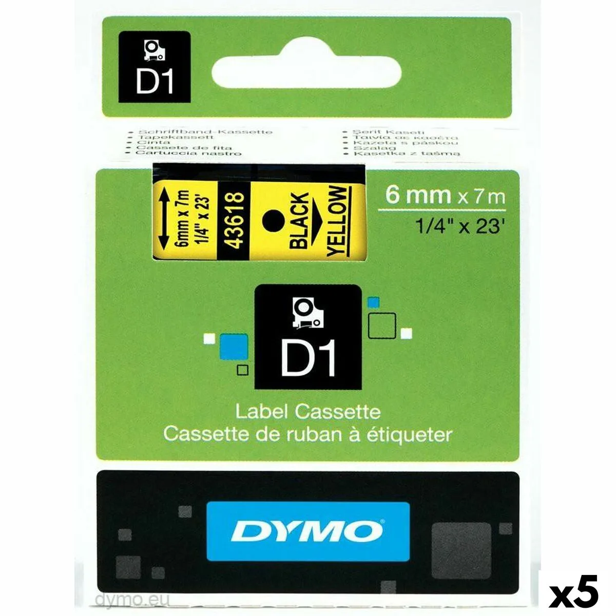 CINTA LAMINADA PARA ROTULADORAS DYMO D1 43618 6 MM LABELMANAGER™ AMARILLO (5 UNIDADES)