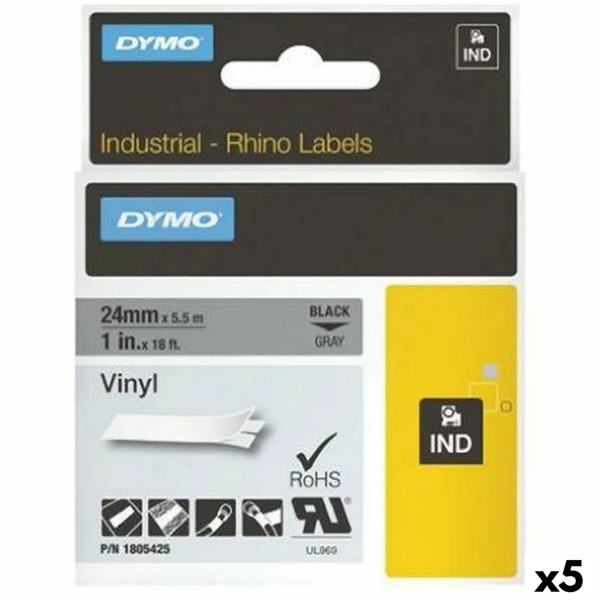 CINTA LAMINADA PARA ROTULADORAS RHINO DYMO ID1-12 12 X 5,5 MM NEGRO BLANCO VINILO AUTOADHESIVAS (5 UNIDADES)