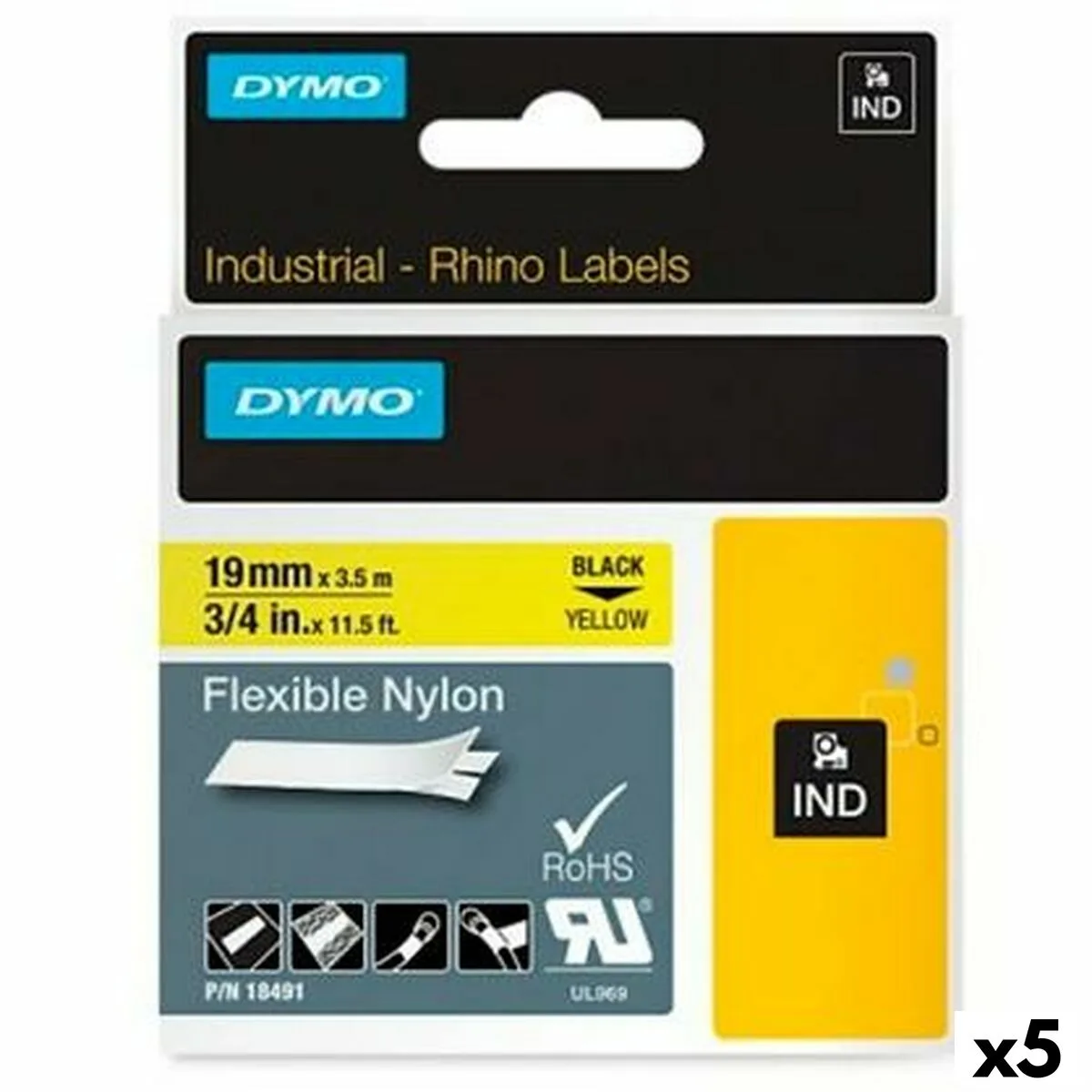 CINTA LAMINADA PARA ROTULADORAS RHINO DYMO ID1-19 19 X 3,5 MM NEGRO AMARILLO AUTOADHESIVAS (5 UNIDADES)