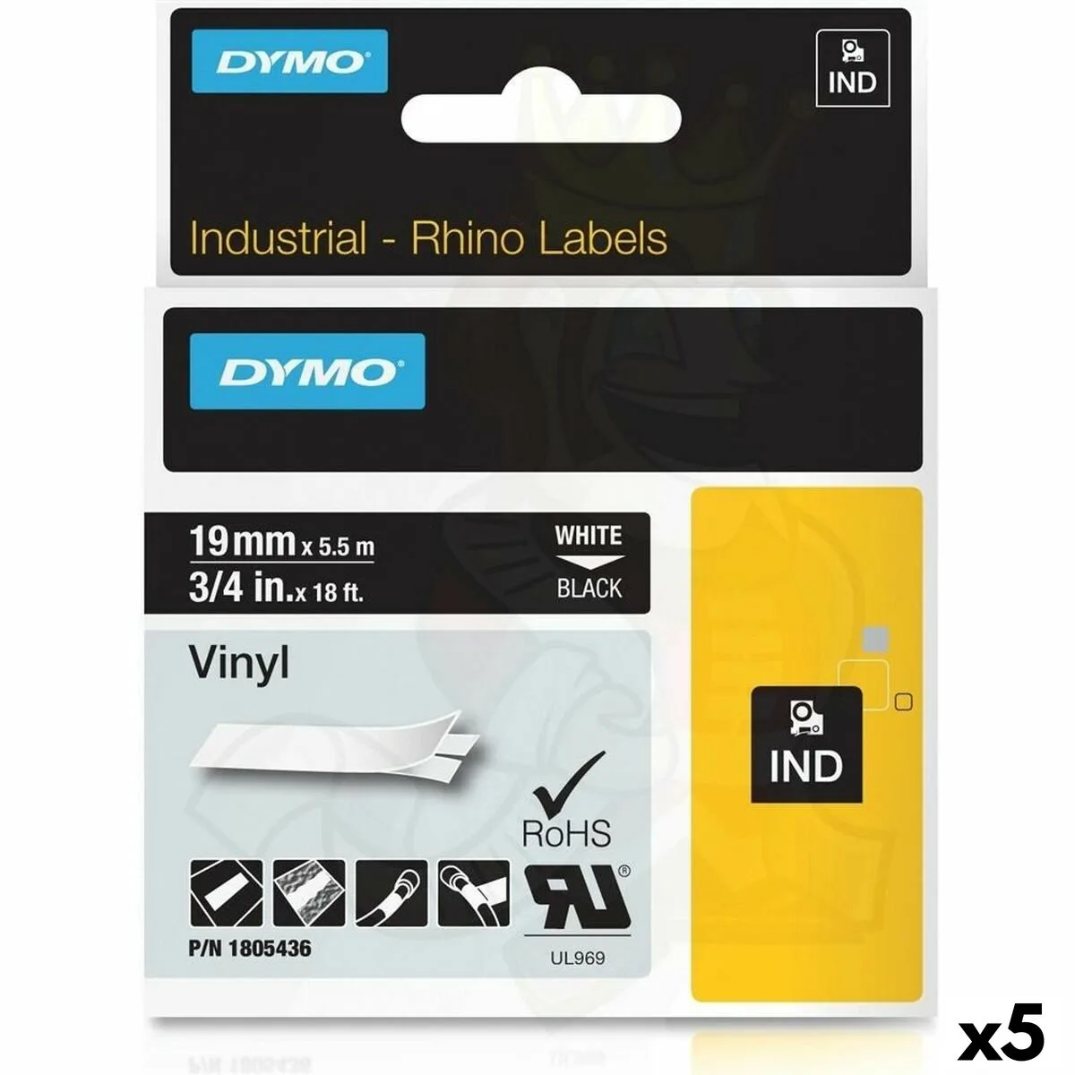 CINTA LAMINADA PARA ROTULADORAS RHINO DYMO ID1-19 19 X 5,5 MM NEGRO POLIÉSTER BLANCO AUTOADHESIVAS (5 UNIDADES)