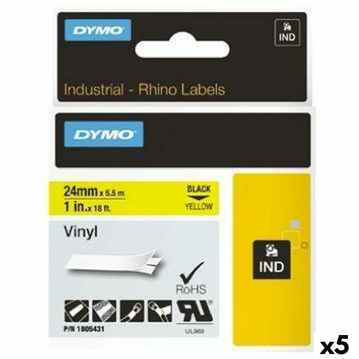 CINTA LAMINADA PARA ROTULADORAS RHINO DYMO ID1-24 24 X 5,5 MM NEGRO AMARILLO VINILO AUTOADHESIVAS (5 UNIDADES)