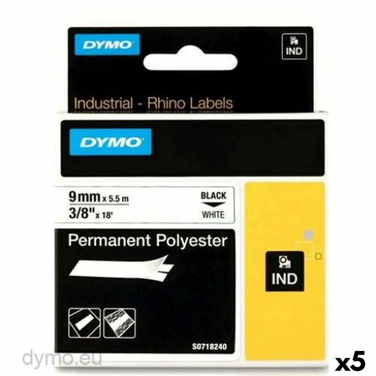 CINTA LAMINADA PARA ROTULADORAS RHINO DYMO ID1-9 9 X 5,5 MM NEGRO POLIÉSTER BLANCO (5 UNIDADES)