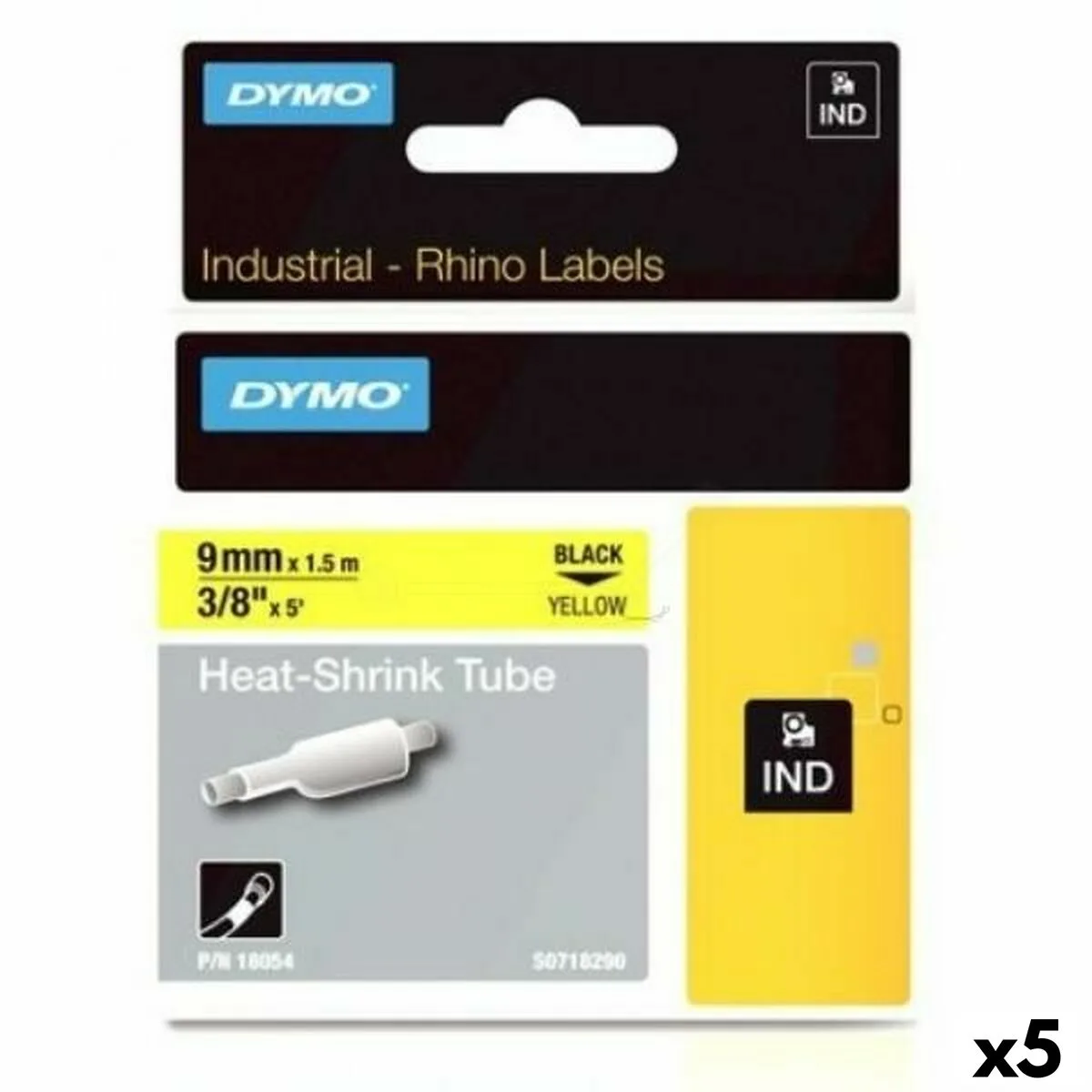 CINTA LAMINADA PARA ROTULADORAS RHINO DYMO ID1-9 AMARILLO NEGRO 9 X 1,5 MM (5 UNIDADES)