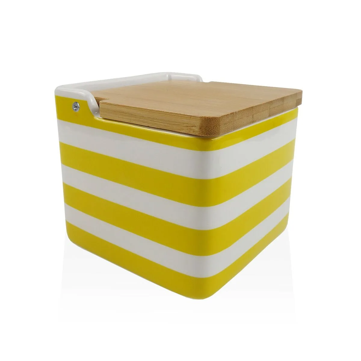 SALERO CON TAPA VERSA AMARILLO CERÁMICA BAMBÚ DOLOMITA RAYAS 12,2 X 11,5 X 12,2 CM