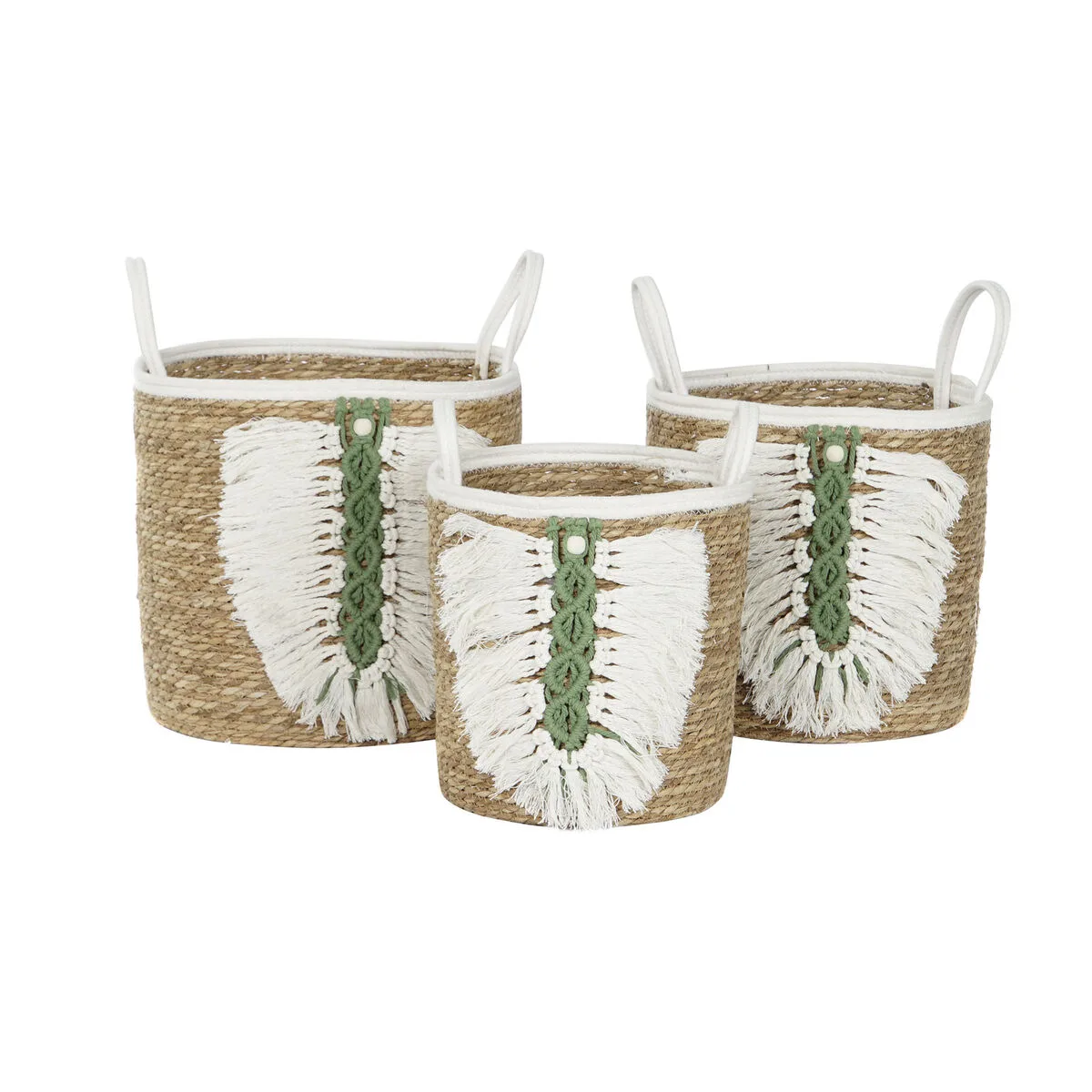 JUEGO DE CESTAS HOME ESPRIT BLANCO VERDE NATURAL FIBRA NATURAL TROPICAL 39 X 39 X 36 CM 39 X 39 X 47 CM 3 PIEZAS