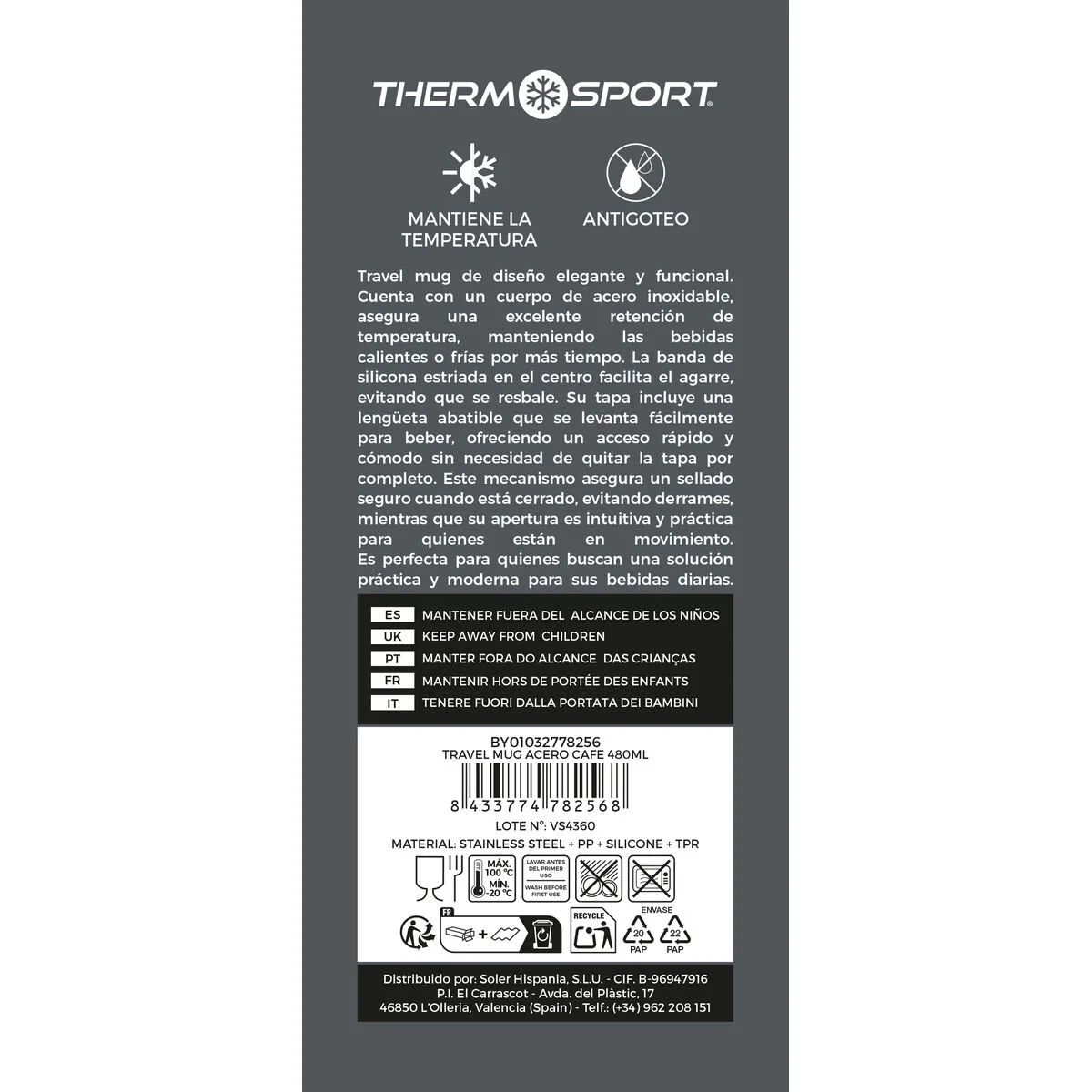 TAZA TERMO CON TAPA THERMOSPORT 480 ML (9 UNIDADES)