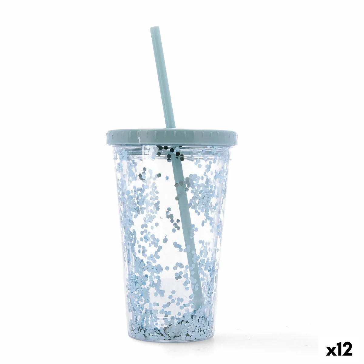 VASO CON PAJITA QUID QUIDATE AZUL PLÁSTICO 425 ML (12 UNIDADES)